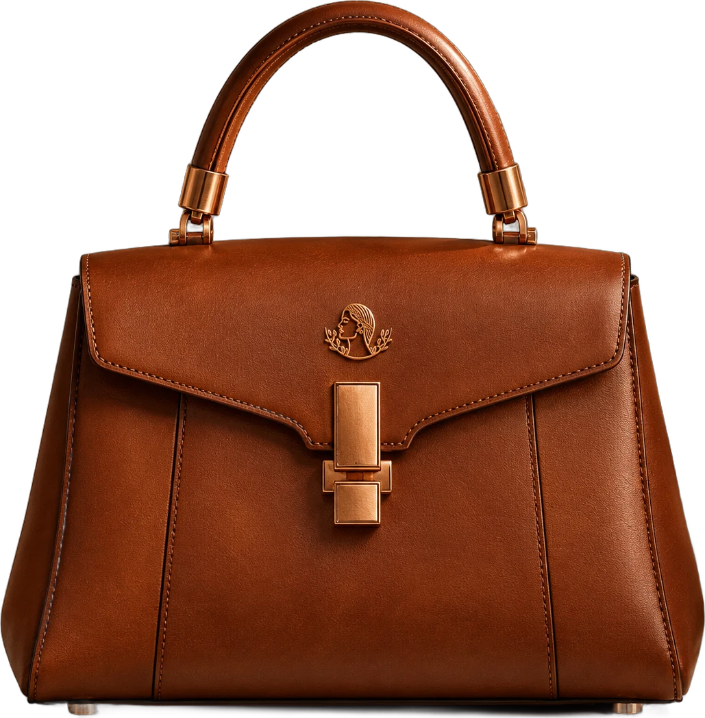 AGES handbag, front: cognac leather, geometric copper clasp and engraved profile emblem