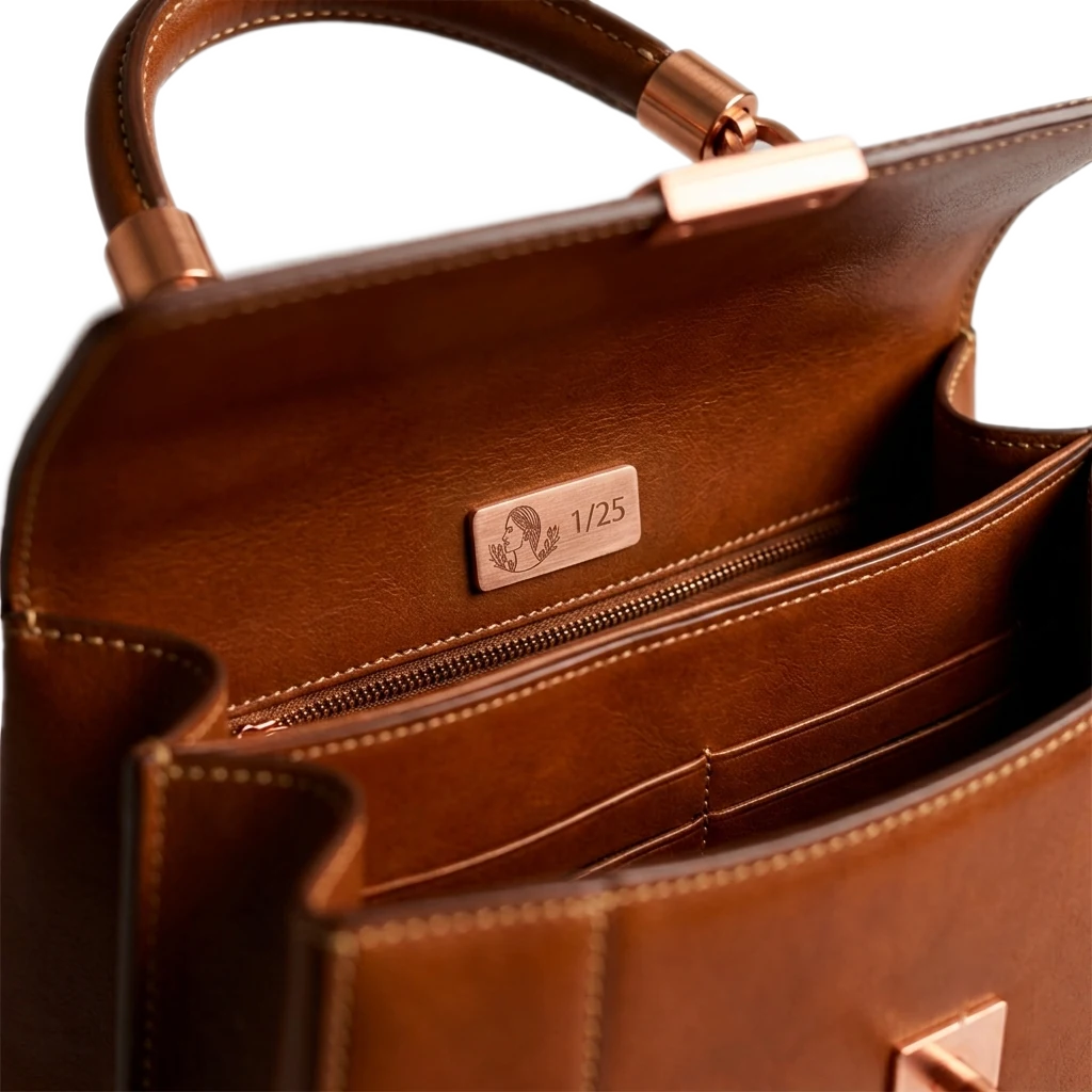 AGES handbag, inside: leather lining, zip pocket and the copper plate numbered 1/25